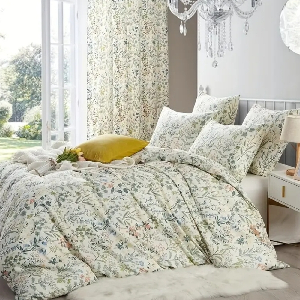 Cream and Green Floral Comforter Cover Set